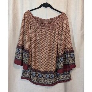 MTS Women's Size M Smocked Bohemian Boho Blouse On/Off the Shoulder Peasant USA